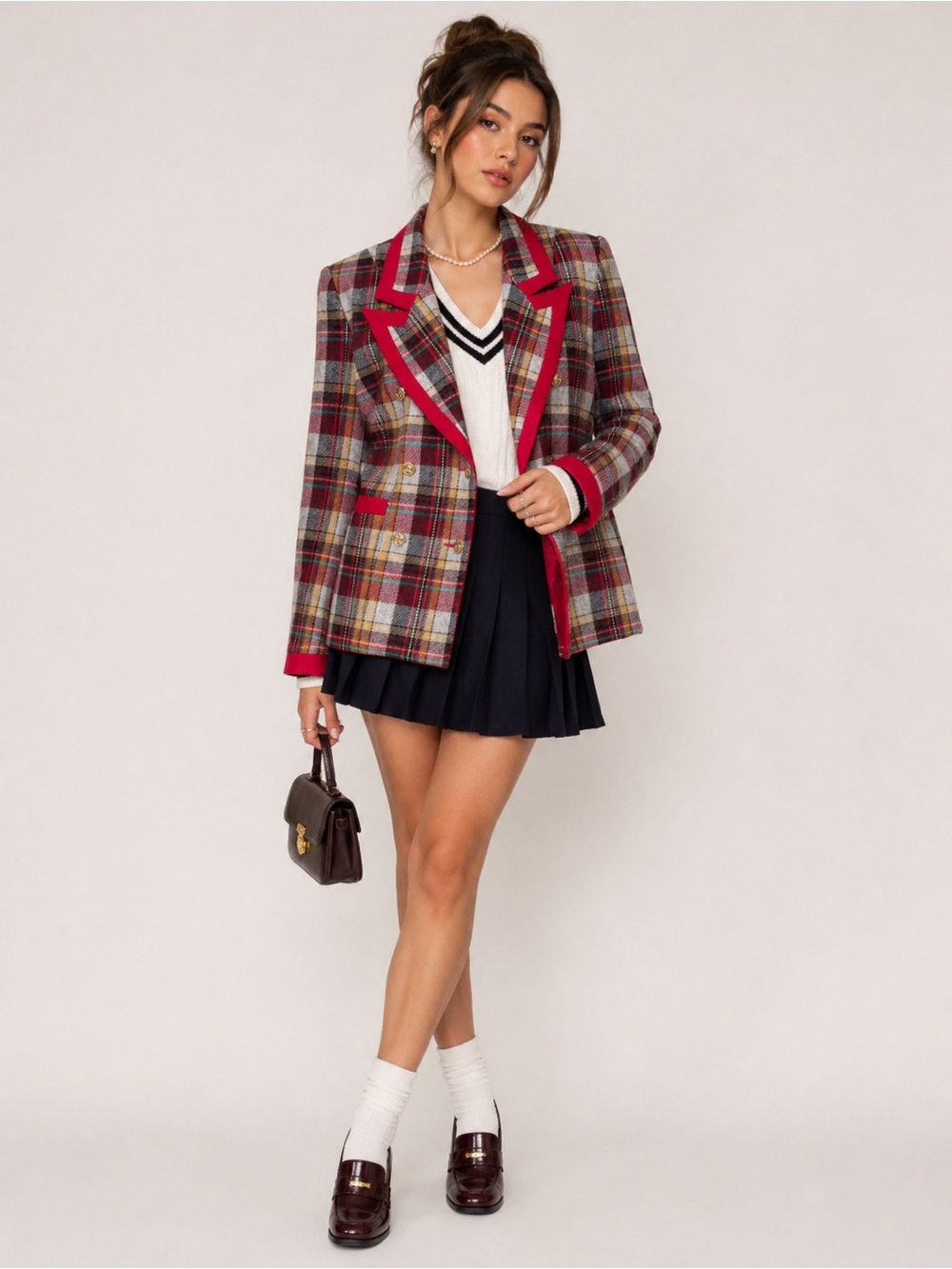 Vintage Preppy Tartan Plaid Long Line Blazer Old Money Double Breasted Heritage
